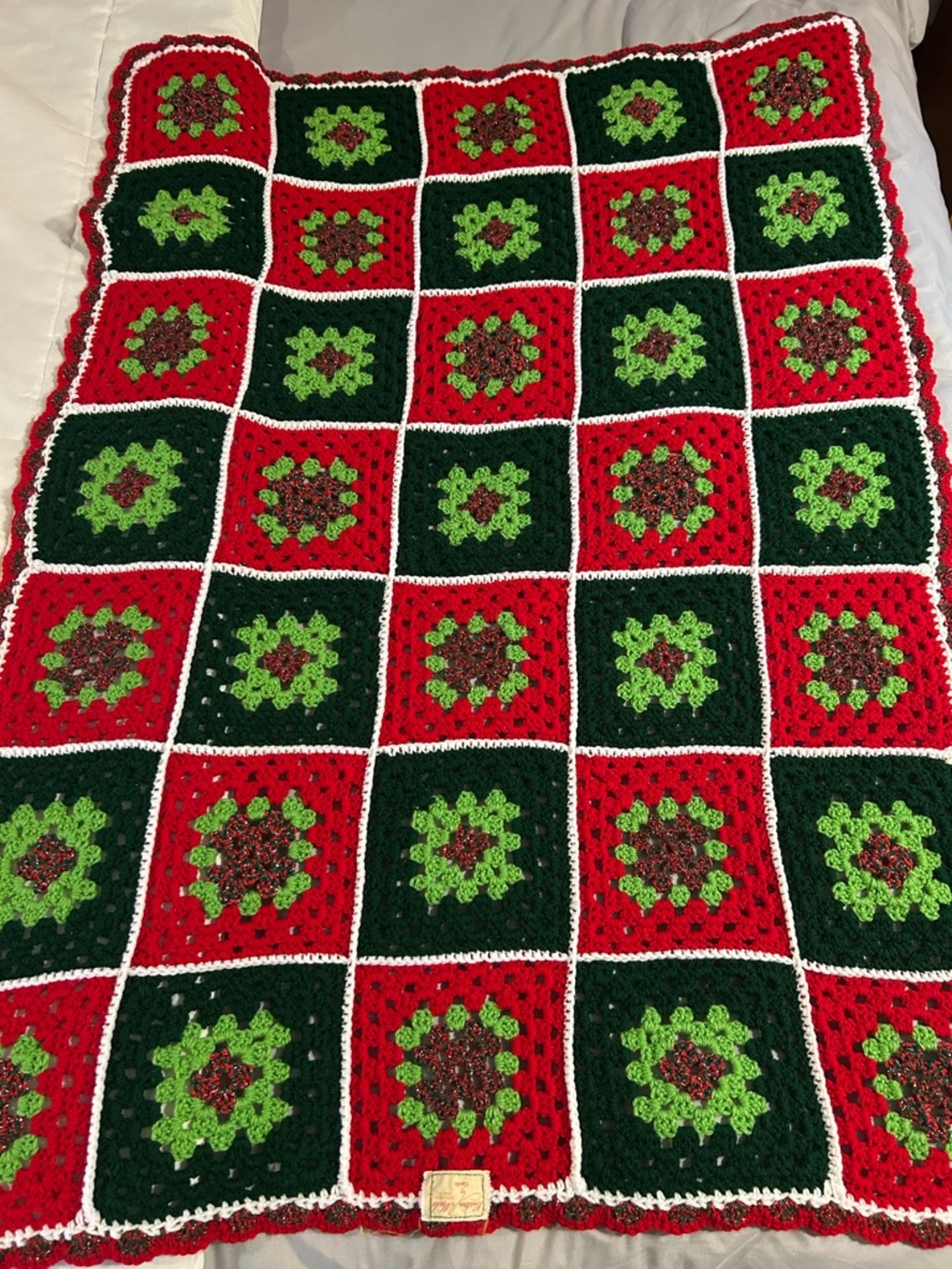 Hand Crochet Granny Square Throw in Red, Green & White VTG